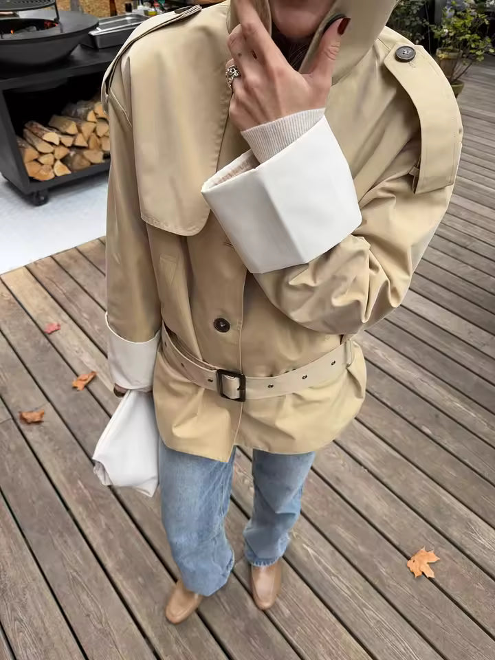 Evelyn Contrast Cuffs Belted Trench Coat