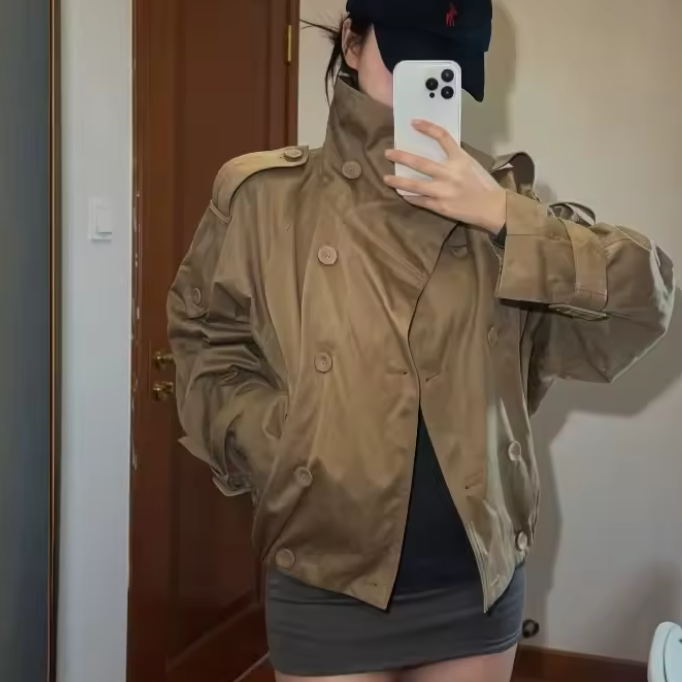 ZEYA Natalie High Funnel Neck Cropped Trench Jacket in Brown