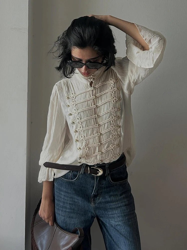 ZEYA Miranda Vintage Stand Collar Frog Button Blouse in Beige