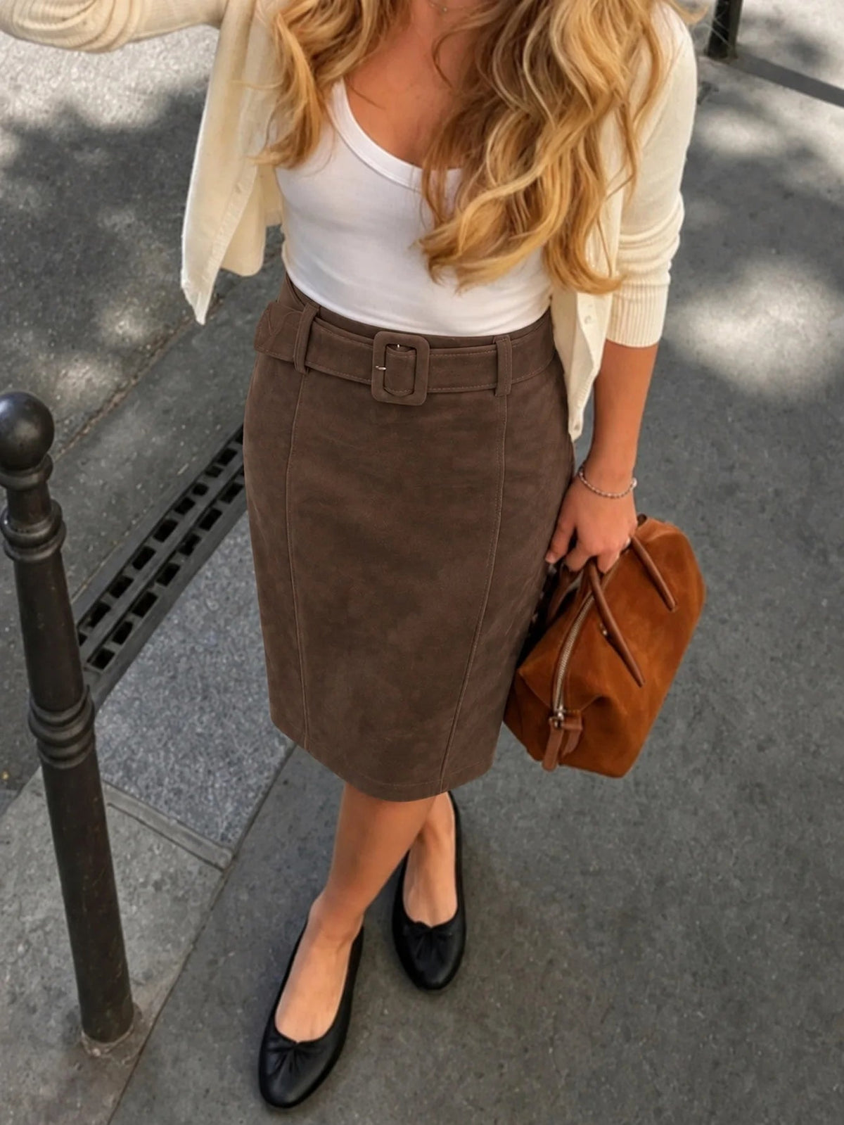 ZEYA Clara Belted Faux Suede Midi Skirt in Brown