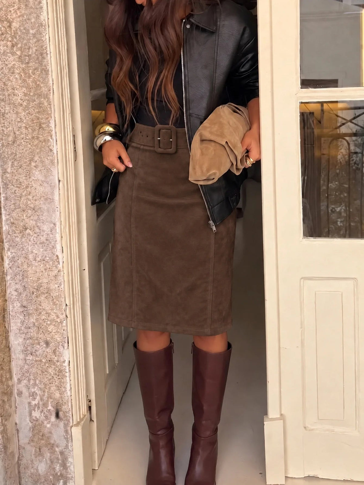 ZEYA Clara Belted Faux Suede Midi Skirt