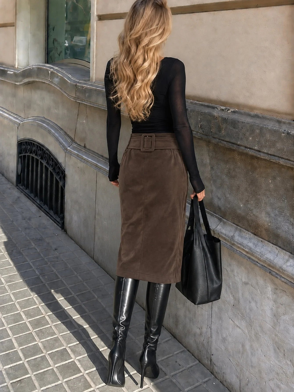 ZEYA Clara Belted Faux Suede Midi Skirt