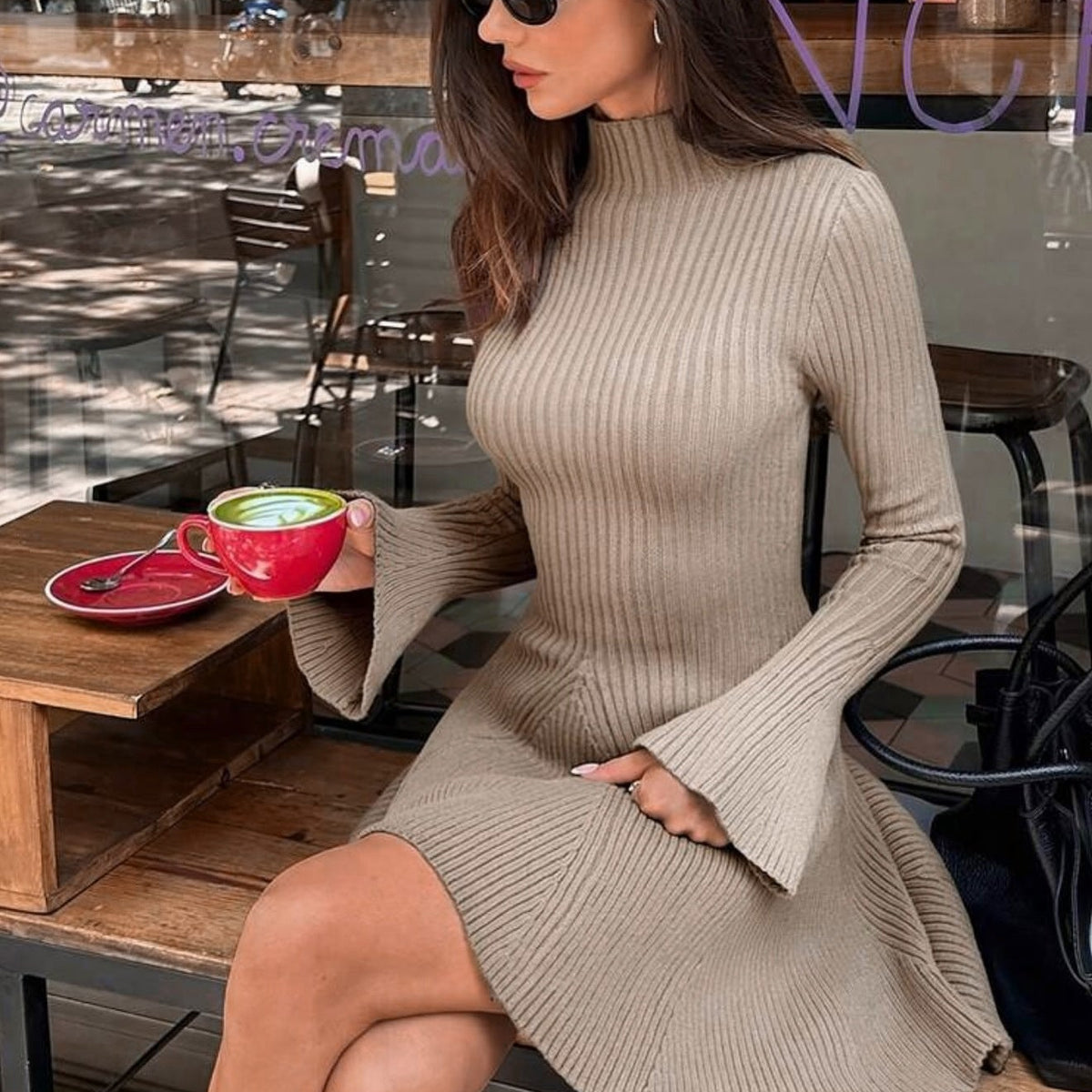 ZEYA - Anna Bell Sleeve Ribbed Knit Sweater Dress