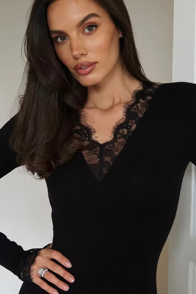 ZEYA - Hilda Lace Trim Slim Long Sleeve Mini Dress