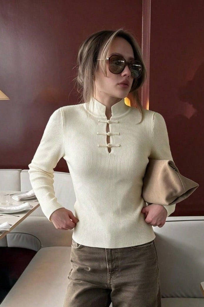 ZEYA - Katie Mandarin Collar Ribbed Knit Top