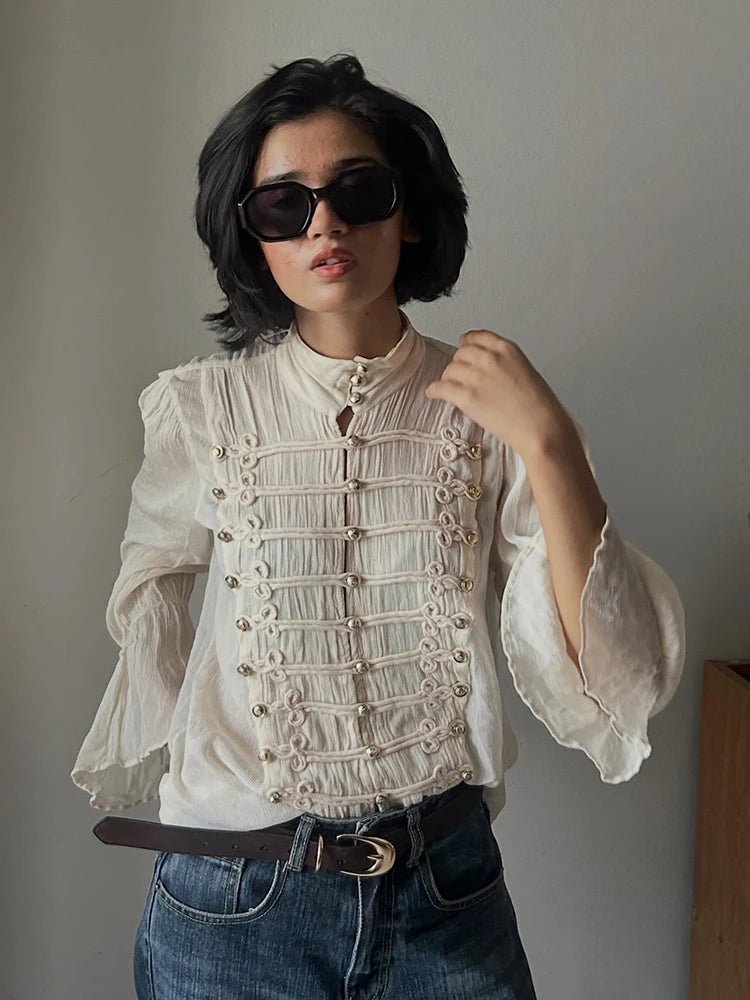 ZEYA - Miranda Vintage Stand Collar Frog Button Blouse