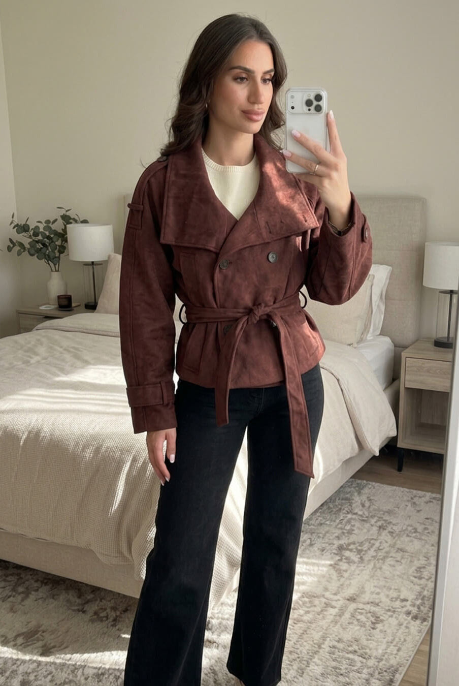 ZEYA - Nicole Funnel Neck Faux Suede Belted Jacket