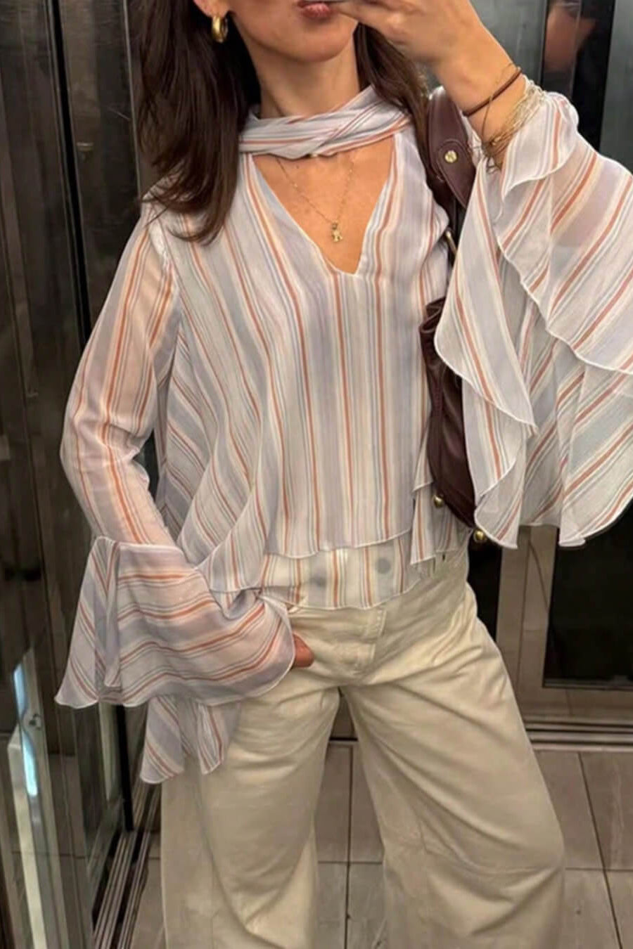 ZEYA - Sandra Stripe Ruffle Tie-Neck Blouse