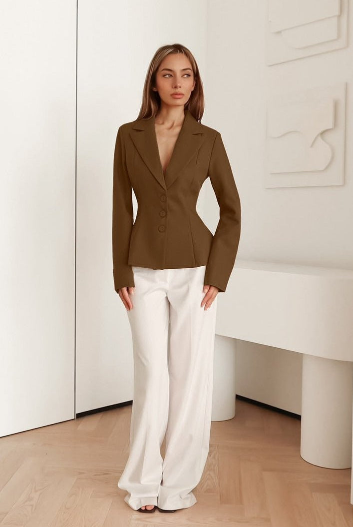 ZEYA - Yui Fitted V - Neck Padded Shoulder Blazer