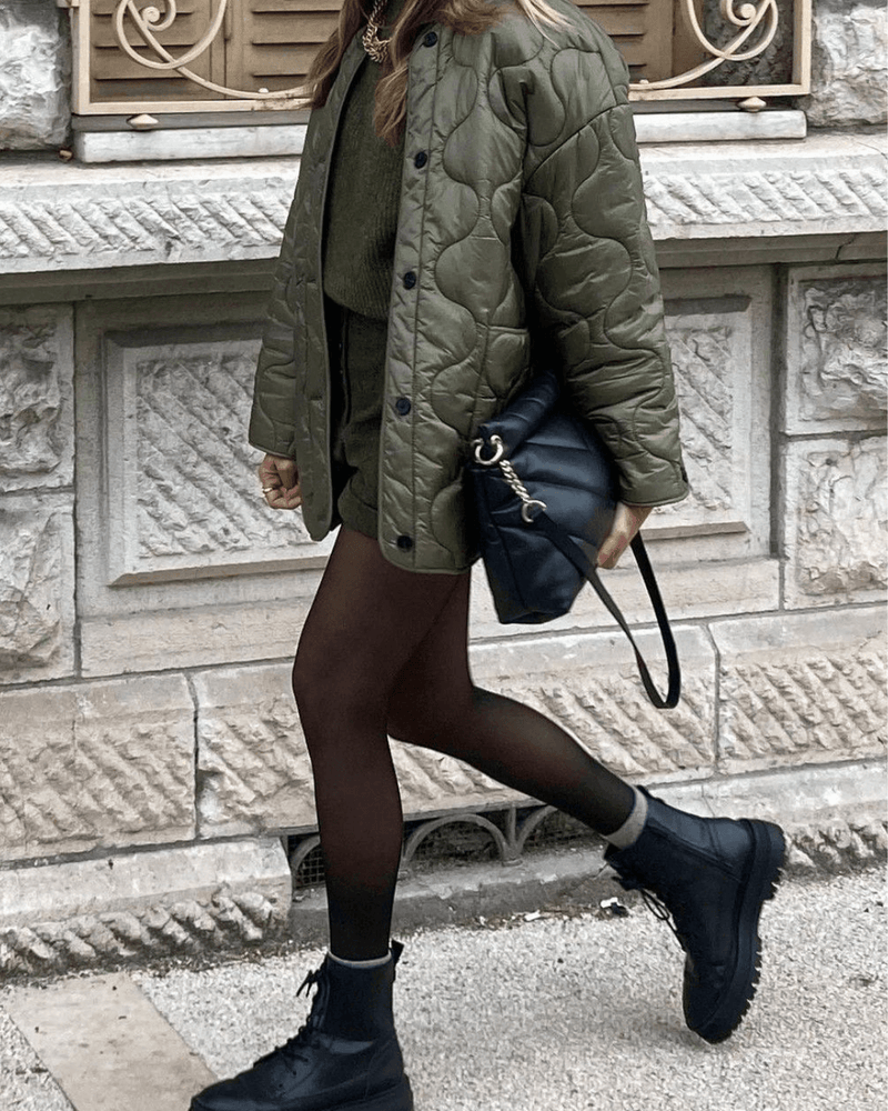 ZEYA black lace-up boots styled with a quilted jacket