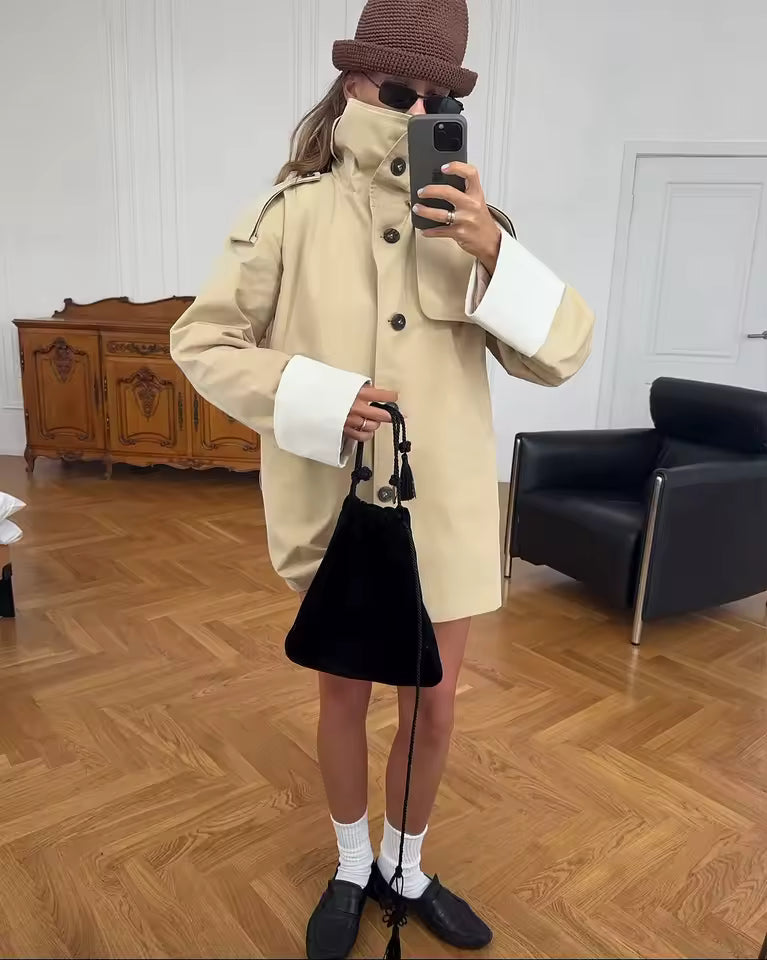 Evelyn Contrast Cuffs Belted Trench Coat