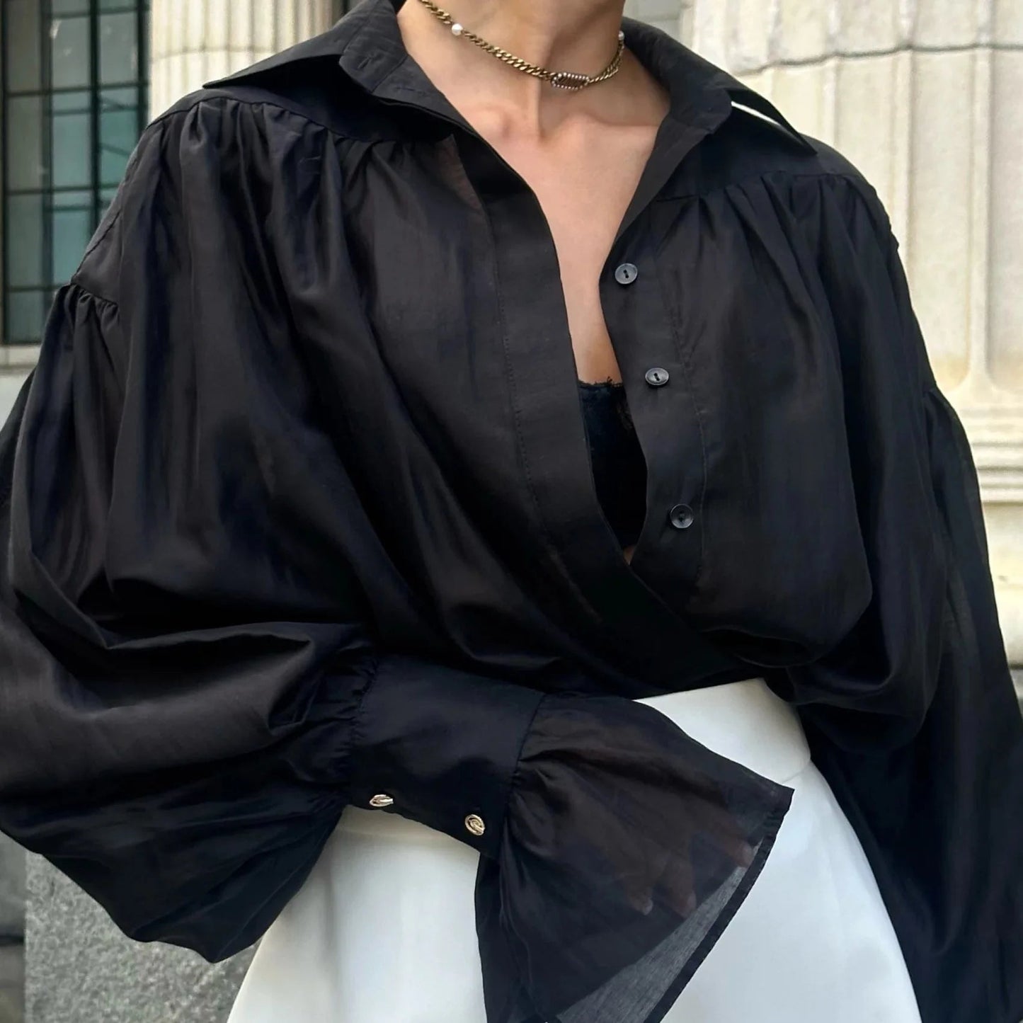 Celeste Oversized Ribbon-Tie Puff Sleeve Shirt
