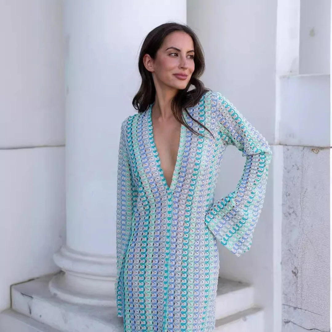 Sophia Crochet Stripe Flare Sleeve Maxi Dress