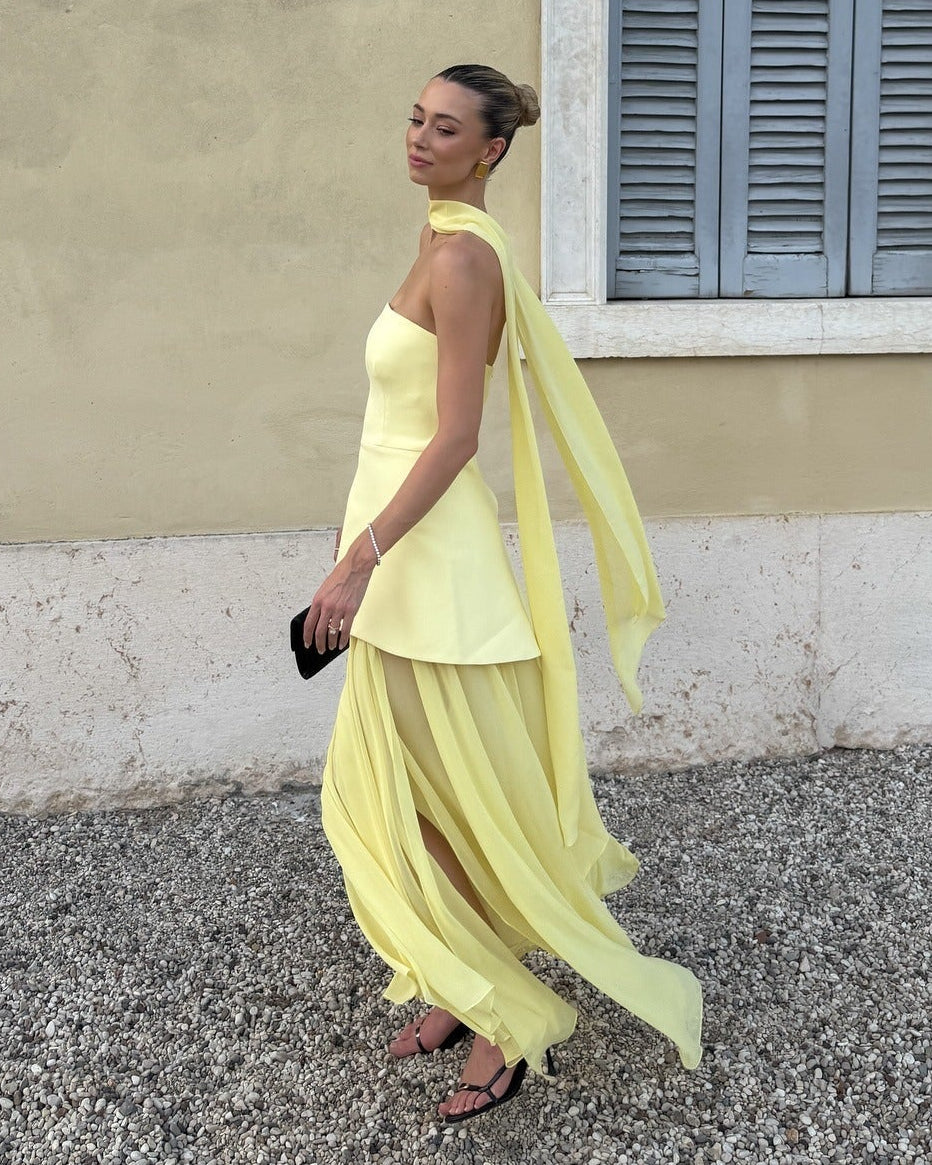 Sophia Asymmetric Sheer Maxi Dress