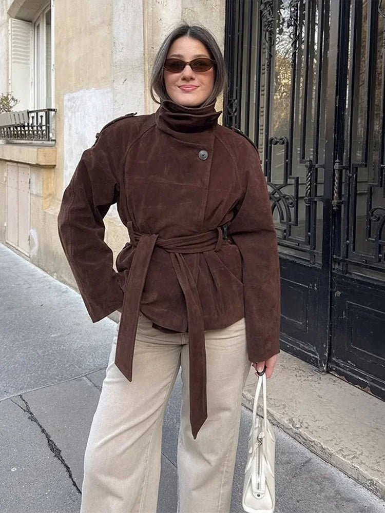 Josie Funnel Faux Suede Trench Coat