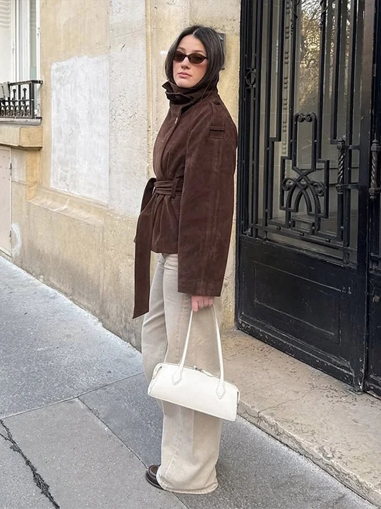 Josie Funnel Faux Suede Trench Coat