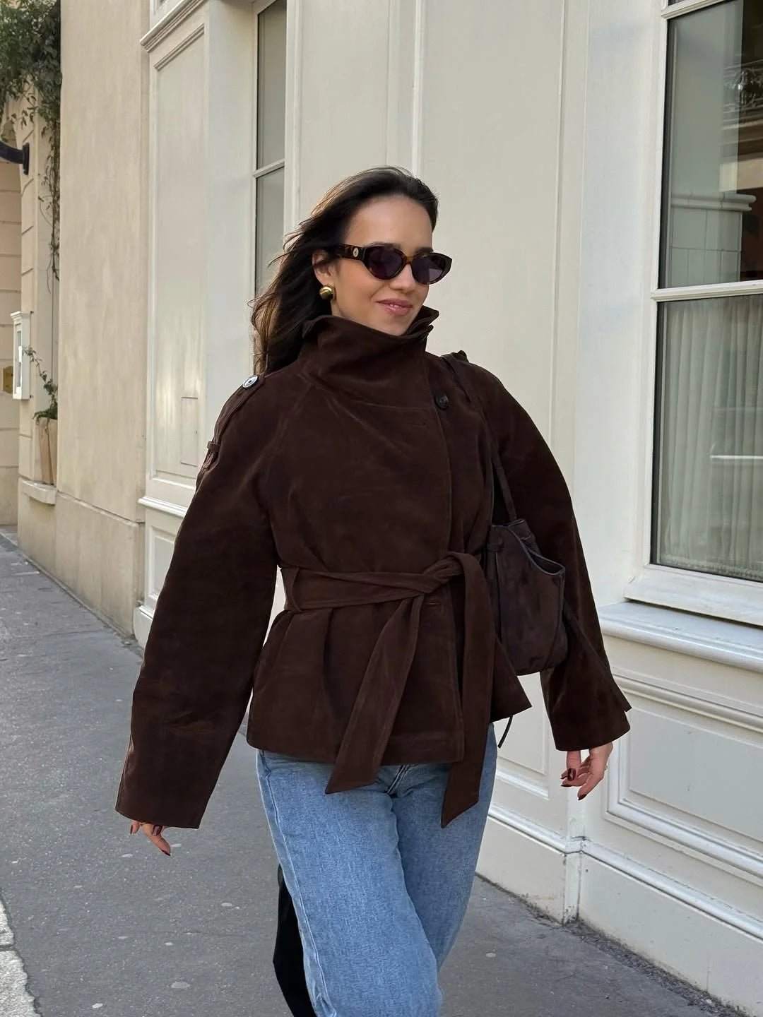 Josie Funnel Faux Suede Trench Coat