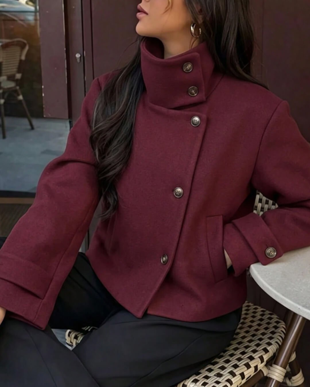 Monica Rose Buckle Stand Collar Coat