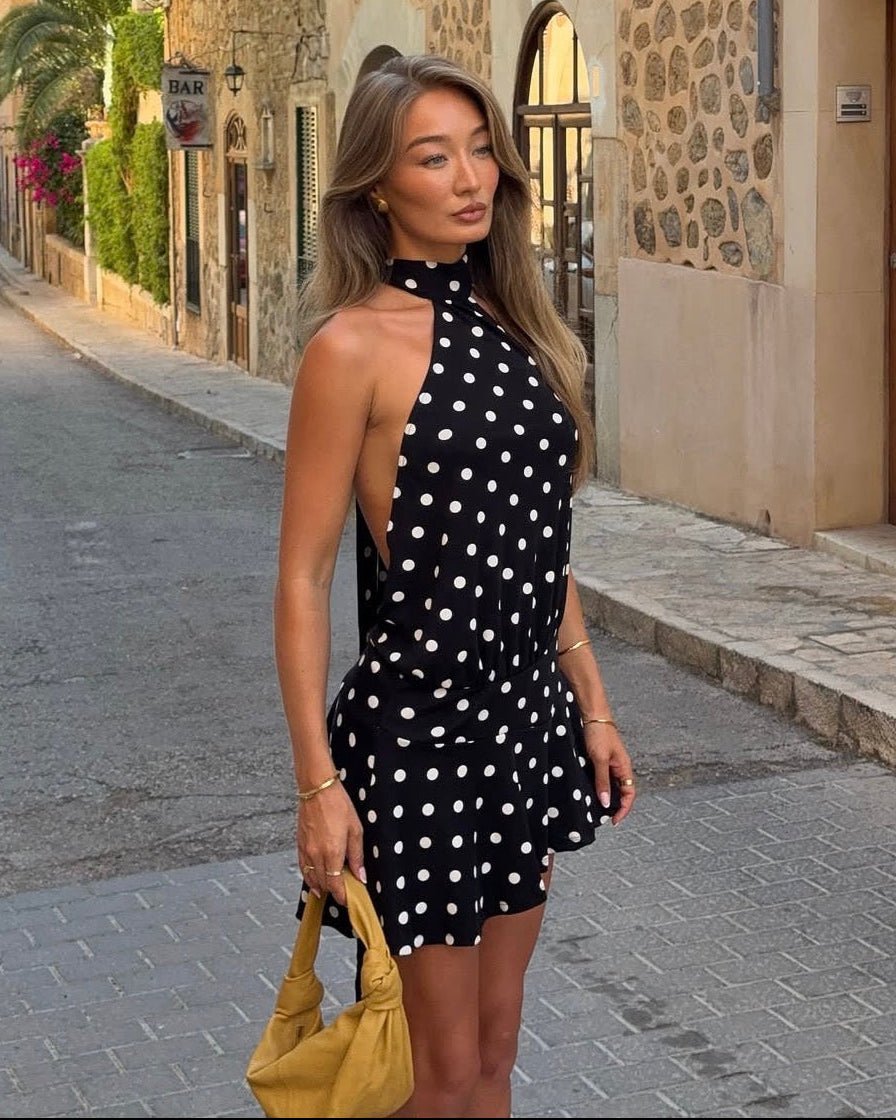 Zara Open-Back Polka Dot Halter Mini Dress