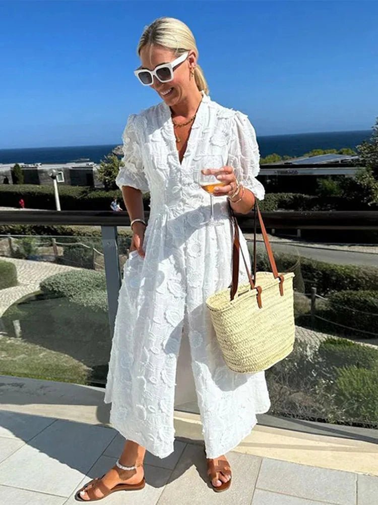 Teresa Embroidered Lace V-Neck Midi Dress