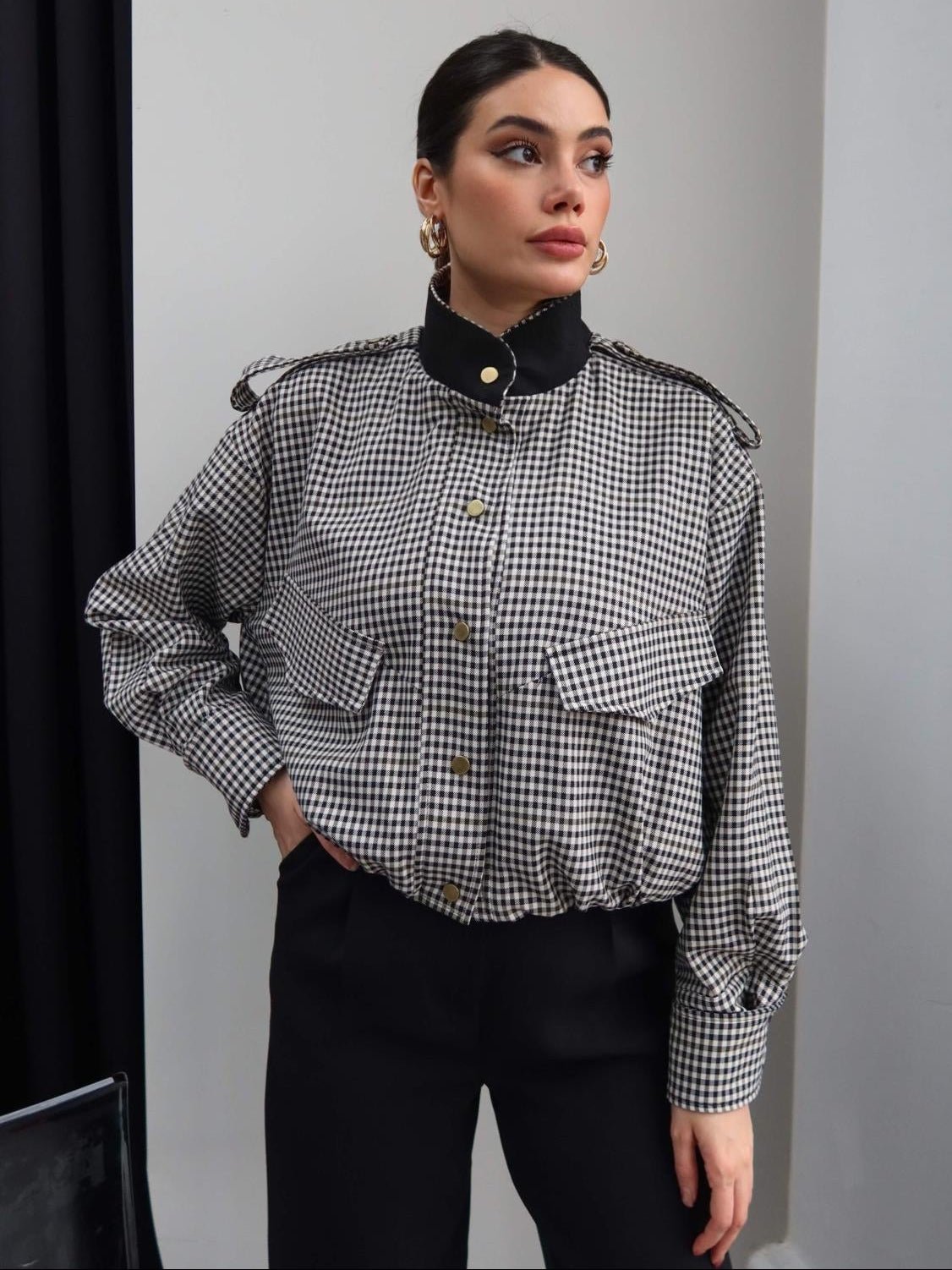 Lisa High Neck Checked Bomber Jacket