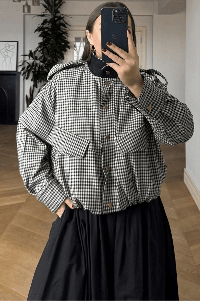 Lisa High Neck Checked Bomber Jacket