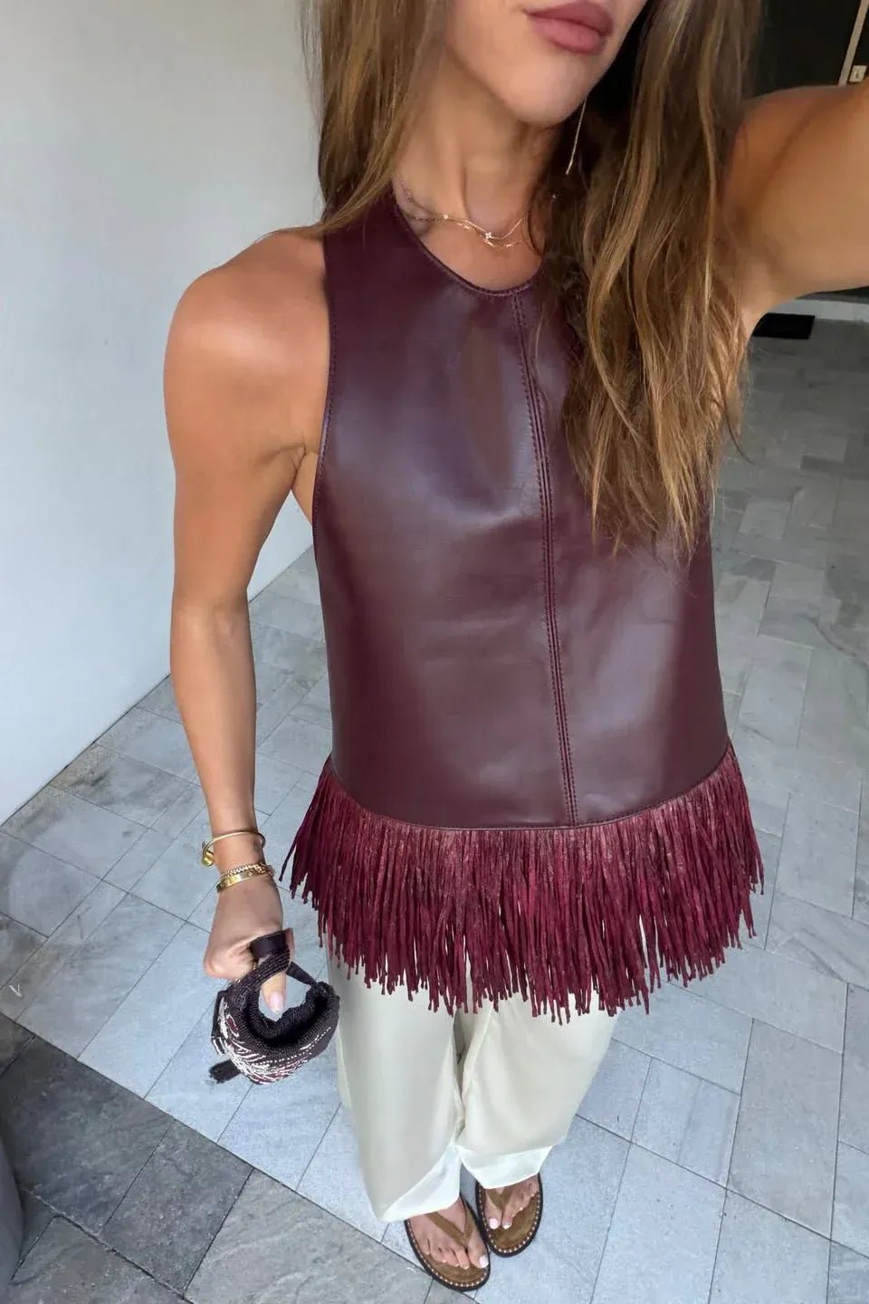Gina Faux Leather Fringe Halter Top