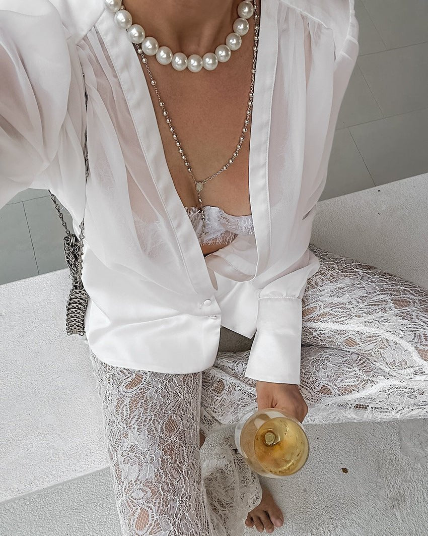 Lydia Deep Neck Sheer Button Blouse