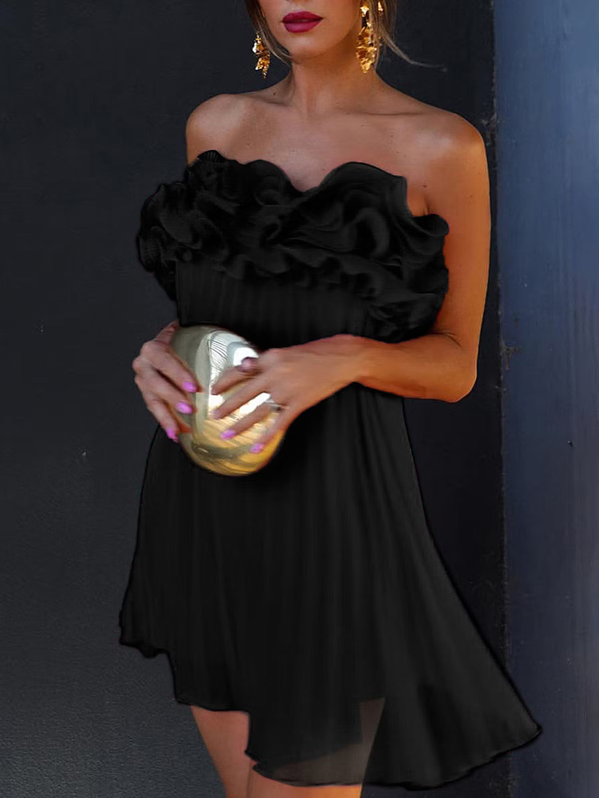 Bianca Mesh Rosette Pleated Tube Dress