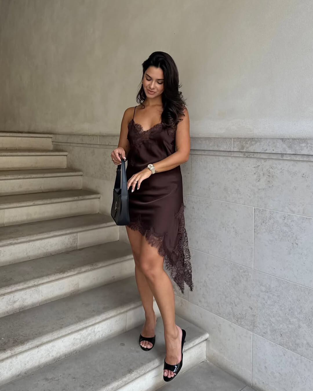 ZEYA - Chiara Asymmetric Satin Lace Midi Dress