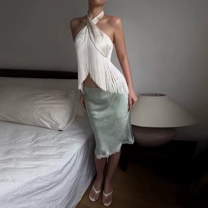 ZEYA - Gina Satin Fringed Halter Top
