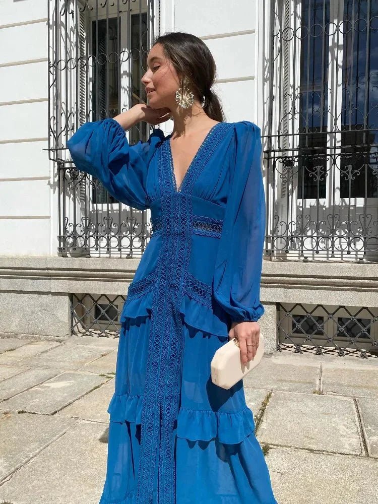 ZEYA - Imani Deep V - Neck Ruffle Maxi Dress