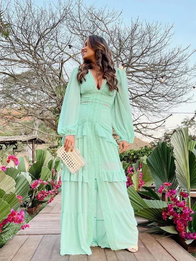 ZEYA - Imani Deep V - Neck Ruffle Maxi Dress