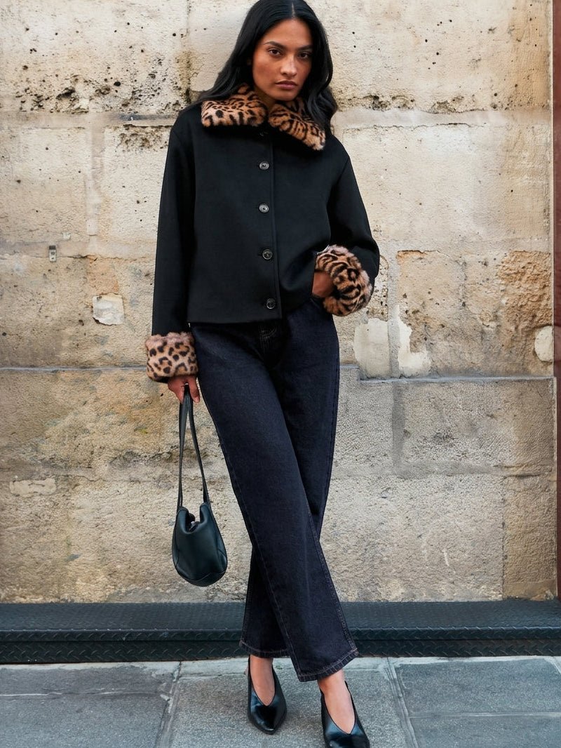 ZEYA - Lily Leopard Faux Fur Trim Button-Up Jacket