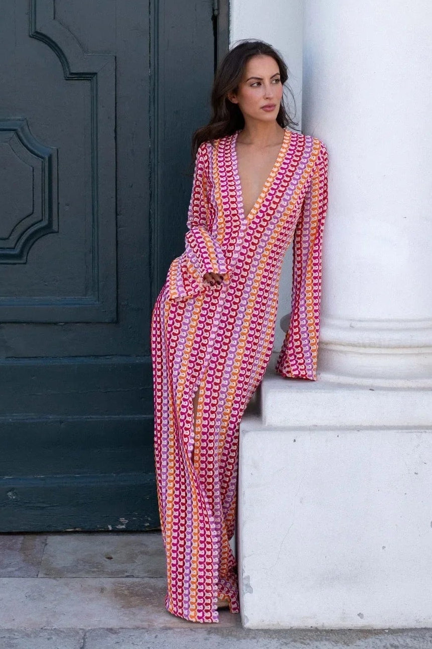 Sophia Crochet Stripe Flare Sleeve Maxi Dress