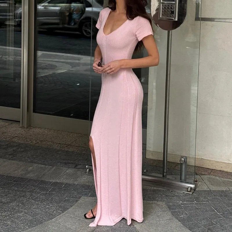 ZEYA - Suri Ribbed Knit Maxi Dress Deep V-Neck High Slit