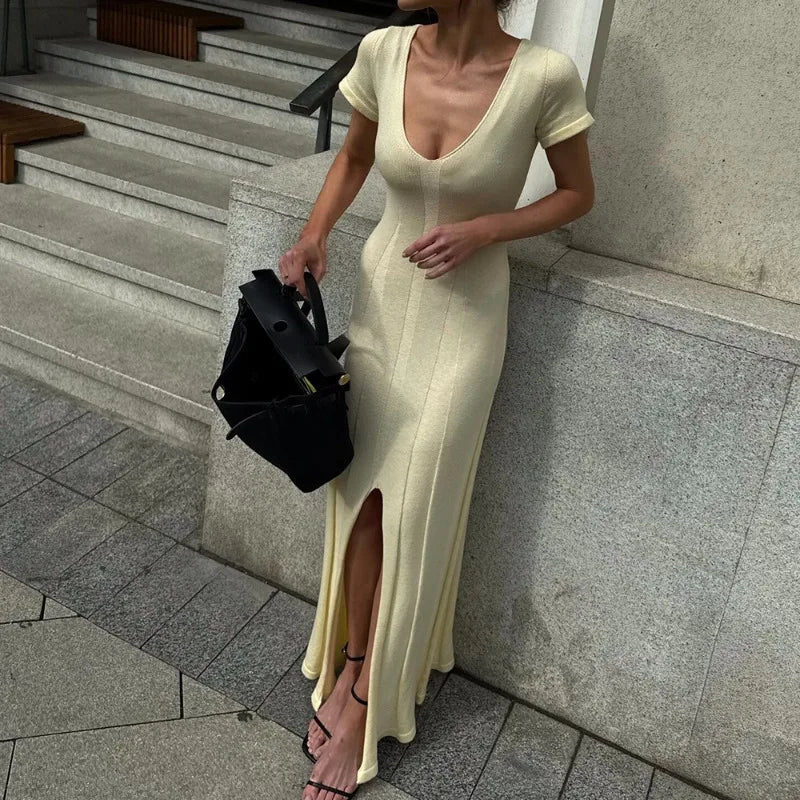 ZEYA - Suri Ribbed Knit Maxi Dress Deep V - Neck High Slit