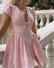 Vesna Pink Plaid Bow Mini Dress